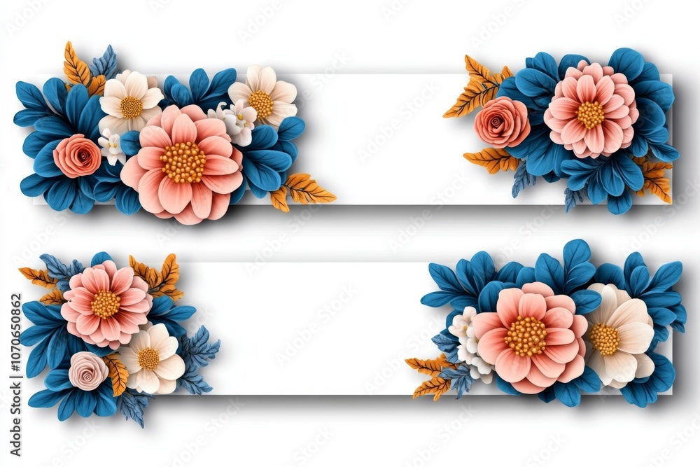 Poster 2d illustration banner with floral patterns in soft pastel colors on a clean white background