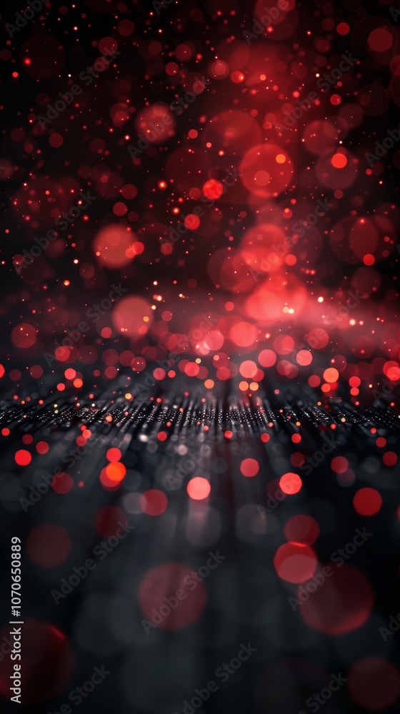 Poster red and orange bokeh lights on a dark textured background, featuring a cosmic aesthetic with sparkli