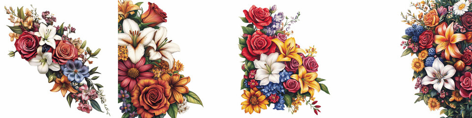 set of A corner arrangement, red, blues, yellow fu, detailed petals and textures, corner arrangement, png file, petals and textures, a corner decoration, on a transparent backgrounds