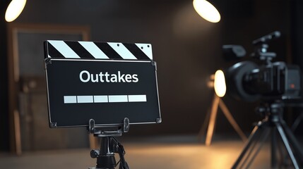 Film Clapperboard Labeled Outtakes in a Studio with Lighting Equipment