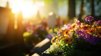Tender Farewell with Urn Flowers in Peaceful Garden Setting at Sunset Light