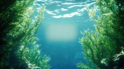 Fototapeta premium Underwater seaweed with blank space in center for text overlay, underwater graphic space, natural ocean