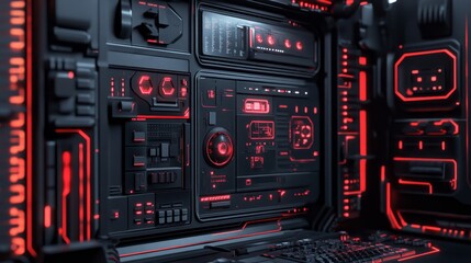A futuristic control panel with glowing red accents and various buttons and screens.