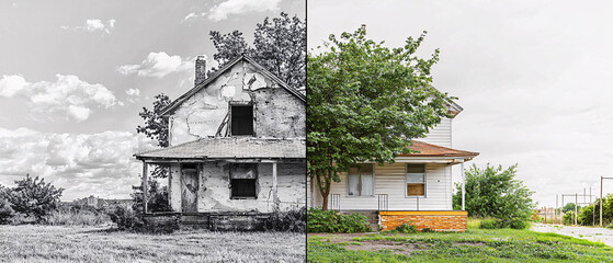 striking contrast photo of country house split into two halves, showcasing difference between dilapidated structure and well maintained home. image evokes feelings of nostalgia and change
