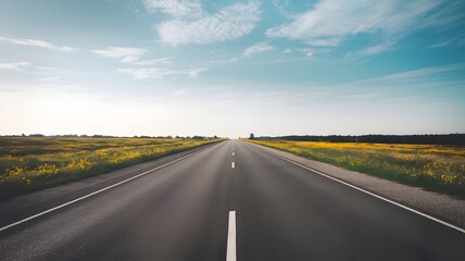 Fototapeta premium Empty paved road with yellow wildflowers and clear sky reaching the horizon