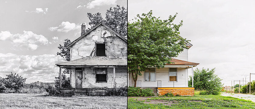 striking contrast photo of country house split into two halves, showcasing difference between dilapidated structure and well maintained home. image evokes feelings of nostalgia and change