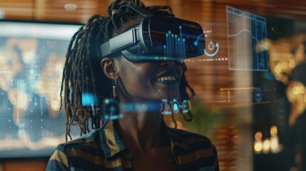 Virtual reality for e-learning, innovative education with global data and AI, featuring a student studying in an augmented reality environment