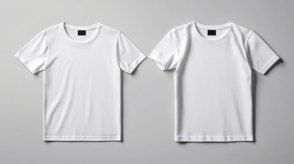 Naklejka premium Two plain white t-shirts displayed side by side on a gray background, highlighting simplicity and versatility in casual fashion.