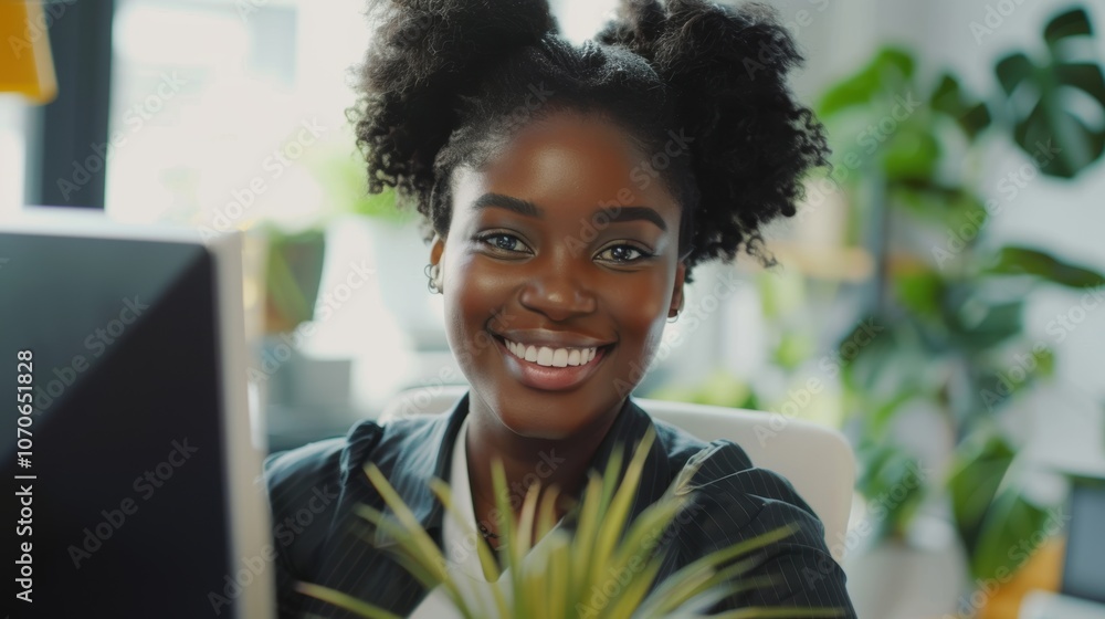 Poster customer support representative working at a computer, smiling while managing tasks at a desk in a b