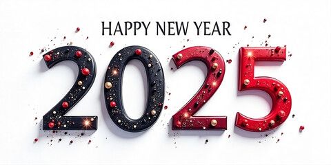 A white background featuring the HAPPY NEW YEAR 2025  in bold black font with red accents.
