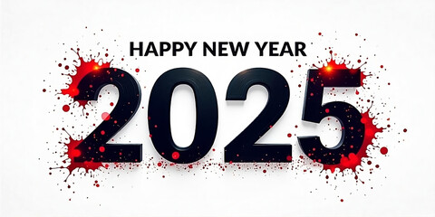 A white background featuring the HAPPY NEW YEAR 2025  in bold black font with red accents.