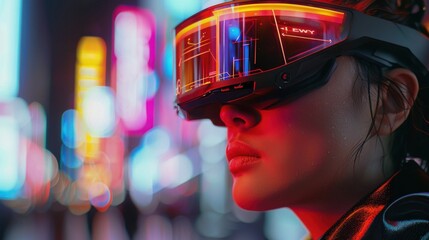 Futuristic Urban Scene with Neon Lights and VR Headset in Cyberpunk Style. Generative ai