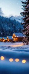 The Christmas village in vintage style, snowcovered houses and trees, glowing lights, soft evening snowfall, serene winter landscape, warm and inviting holiday feel, wideangle shot