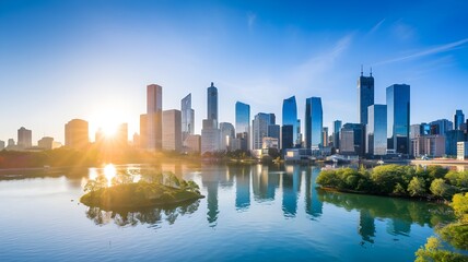 Obraz premium Panoramic view of city skyline with modern architecture at sunrise