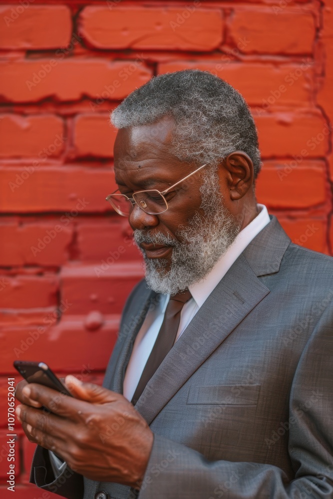 Poster experienced professional using smartphone while messaging in an office setting
