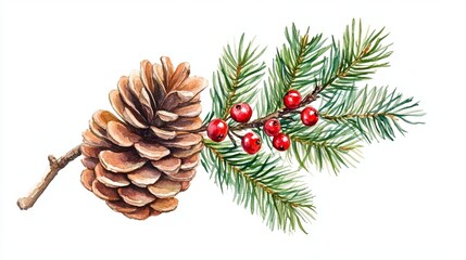 Watercolor Branch of Pine with Red Berries and Pinecones on White Background