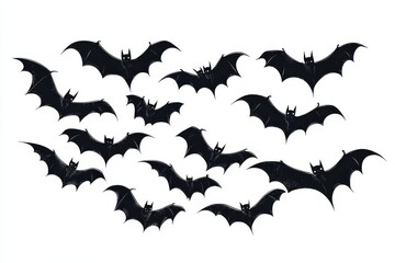 Fototapeta premium Vector silhouette of flying bats in simple shapes, black on white background, cute, minimalistic clip art style, flat design with no shadows or gradients.