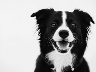 Fototapeta premium A black and white border collie with a big smile looks directly at the camera.