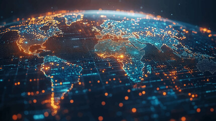Dynamic digital world map emphasize Western Europe continental for AI powered global network connectivity big data transfer cyber technology network information exchange and telecommunication concept. © Pickoloh