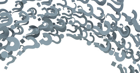 Infinite question marks on a plane, original three dimensional illustration.