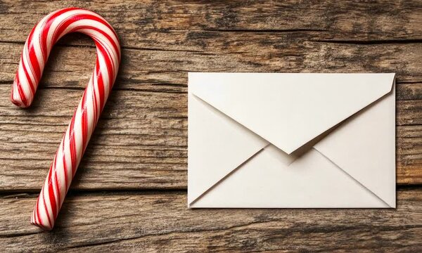 Discover the festive charm of a classic candy cane and a handwritten envelope on rustic wooden table for holiday cheer