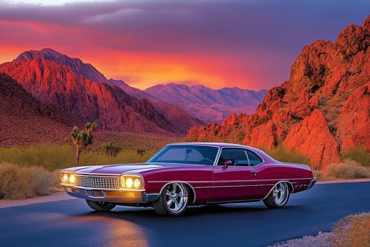 A classic muscle car from the 1960s on an open road, with sunset lighting and desert scenery