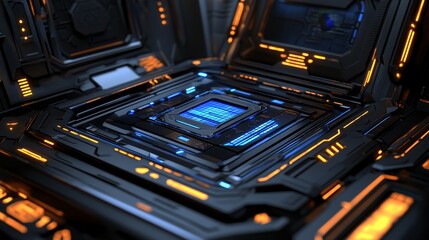 A futuristic, illuminated circuit board design with blue and orange accents.