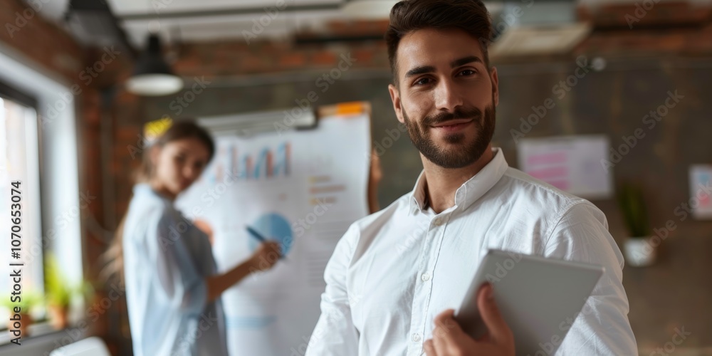 Poster professional smiling while using a tablet in a bustling office environment, focusing on digital tech