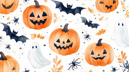 Halloween set vector illustration with ghost, potion, branches, moon, crescent, leaves, pumpkins, stars, eyes and candies, sweets. Halloween card, Halloween seamless pattern.