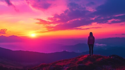 Obraz premium Silhouette of Man Watching Sunset on Open Field with Vibrant Sky Colors