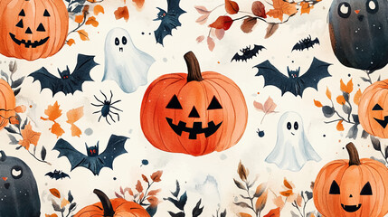 Halloween set vector illustration with ghost, potion, branches, moon, crescent, leaves, pumpkins, stars, eyes and candies, sweets. Halloween card, Halloween seamless pattern.