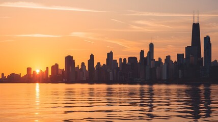 Obraz premium Sunrise over city skyline with calm water and reflection