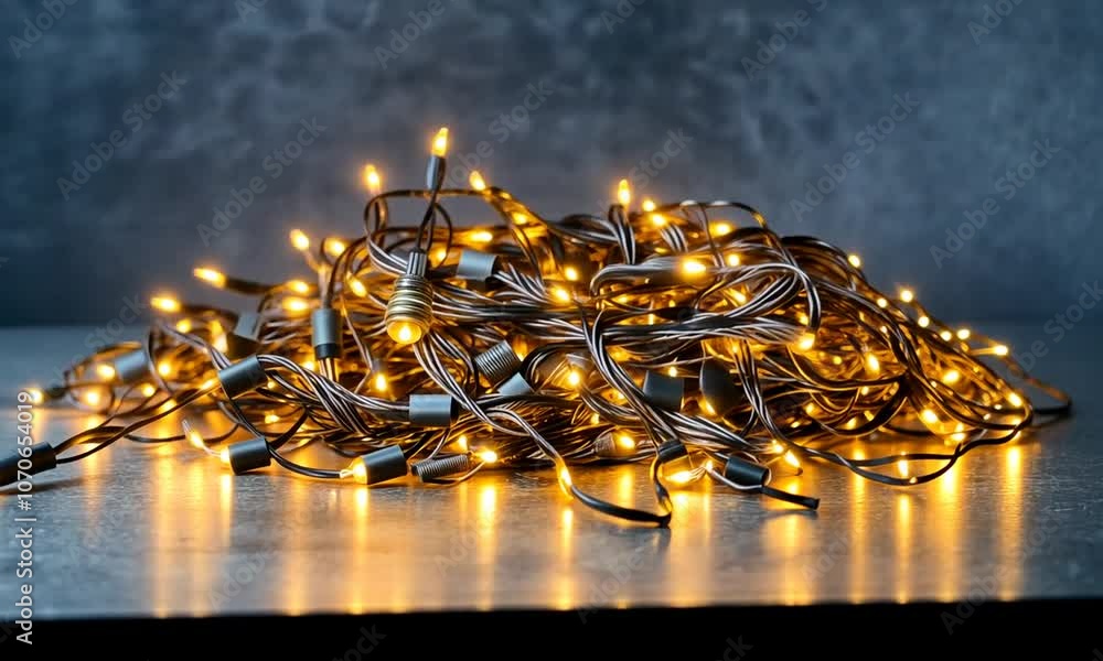 Poster Twinkling string lights create a cozy atmosphere on a rustic surface during the evening hours
