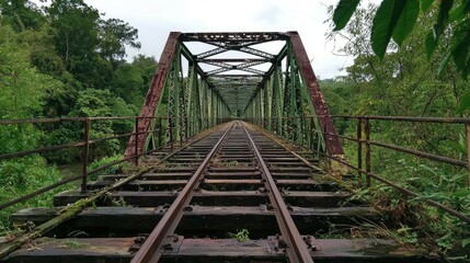 Rusty railroad tracks on an old bridge in the jungle, vanishing into the distance.