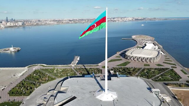Tricolor flag of the Republic of Azerbaijan. Flag waving