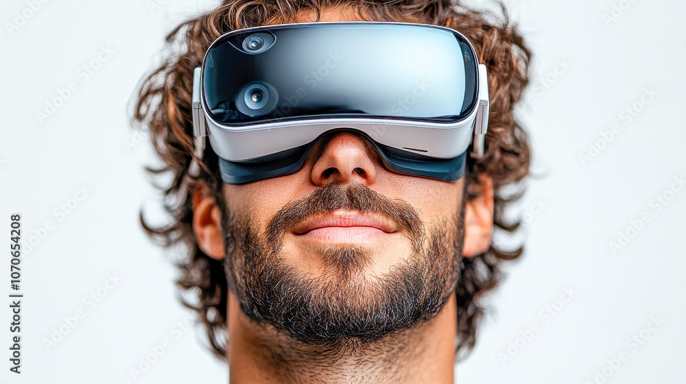 Poster man smiling while wearing a virtual reality headset, showcasing the enjoyment of immersive tech expe