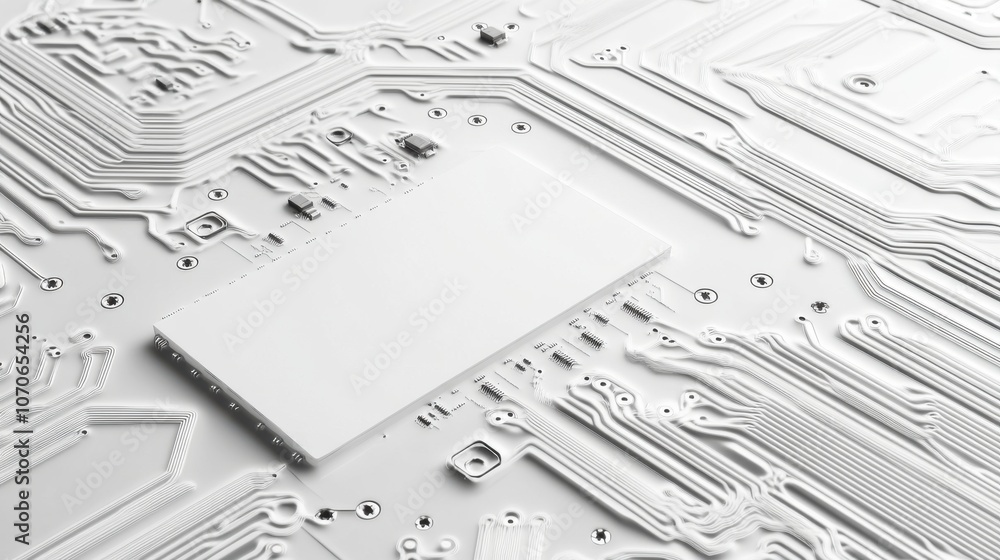 Poster close-up of a white circuit board with intricate circuitry patterns, highlighting technology and inn