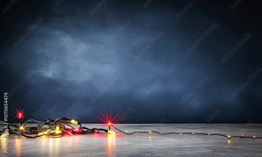 Poster twinkling lights draped elegantly on a glossy surface with a deep blue background at twilight in a w
