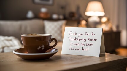 Warm coffee and thank-you card in cozy living room with soft lighting