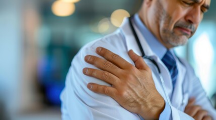 Obraz premium Close-up of a professional experiencing shoulder pain, possibly due to injury or conditions like fibromyalgia or arthritis, highlighting a medical emergency