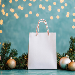 Christmas themed retail bag stands against festive backdrop, surrounded by ornaments and greenery, evoking joyful holiday spirit