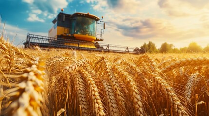 Golden Wheat Ears and Harvester in Field at Sunset