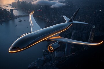 A futuristic airplane design with sleek, streamlined wings, glowing neon lights, and a metallic finish, flying above a sci-fi cityscape