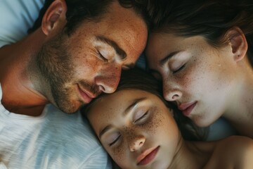Fototapeta premium Family of diverse backgrounds relaxing on a bed at home, with parents resting while their daughter lies between them