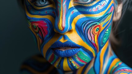 Fototapeta premium Vibrant makeup and feathers on a models face. Artistic creative background