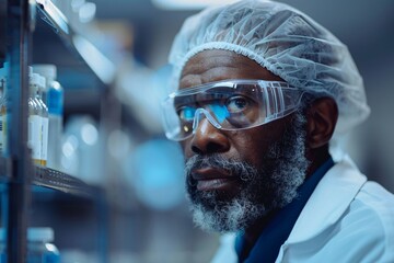 Fototapeta premium A focused scientist with a beard and glasses examines chemical containers on a shelf while wearing a lab coat and protective gear in a busy laboratory setting during daylight hours