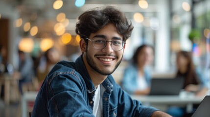 Fototapeta premium Focused individual multitasking in a dynamic office environment, managing emails and documents while displaying a positive attitude towards their career goals