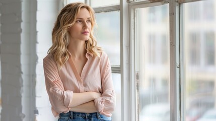 Fototapeta premium Confident woman with crossed arms in office, symbolizing success and achievement. Professional female leader reflecting on career goals and opportunities