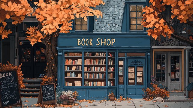 Autumn Festival, a bookstore with on the front, from a painting by person, in the style of folk art inspired illustrations, bold patterned quilts, pastel colors, bloom core, mixes painting and ceramic