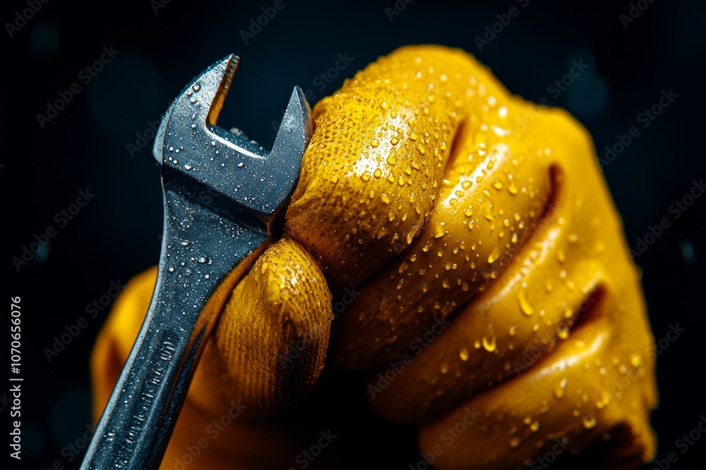 Poster a hyper-realistic close-up of a construction workerâ€™s hand holding a wrench, showing every detail 